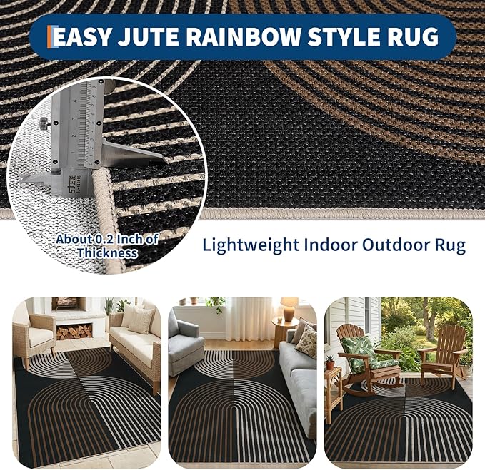 GarveeHome Modern Rainbow Easy Jute Rug 5x7, Washable Area Rugs for Living Room Farmhouse Dining Room, Contemporary Natural Non Slip Floor Carpet for Office RV Patio