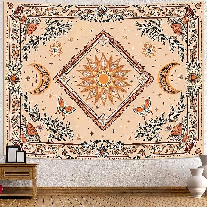 Accnicc Boho Sun and Moon Tapestry Hippie Mandala Floral Wall Tapestry for Bedroom Aesthetic Vintage Butterfly Plant Beige Small Tapestries Wall Hanging for Dorm Living Room Decor 60 x 44 Inch