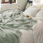 FOSSA Muslin Blanket with Fringe - 4-Layer 100% Cotton Gauze Super Soft & Breathable Throw -Lightweight Decorative Cooling Blanket for Bed, Sofa, Office (Sage Green, Queen (90" × 90"))