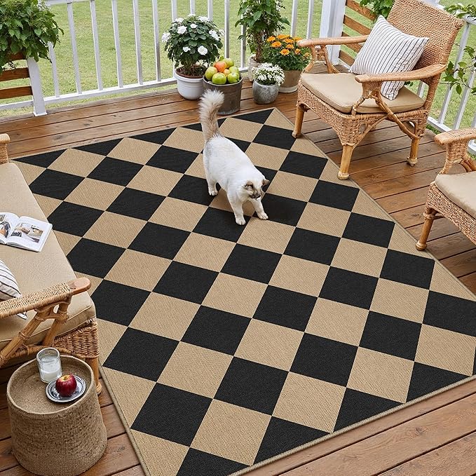 4x6 Checkered Easy Jute Area Rug for Living Room Checkerboard Washable Indoor Outdoor Carpet Farmhouse Patio Office Mat Geometric Non Slip Black Carpet for Dorm Backyard Dining Room