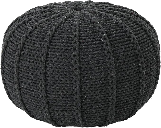 Christopher Knight Home Agatha Knitted Cotton Pouf, Dark Grey Small