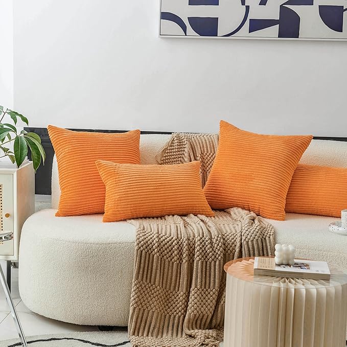 Home Brilliant Decorative Accent Burnt Orange Fall Pillow Covers Thanksgiving Decoration Set of 2 Striped Corduroy Plush Velvet Cushion Cover for Couch Rust, 40cm, 16 x 16 Inch, Orange