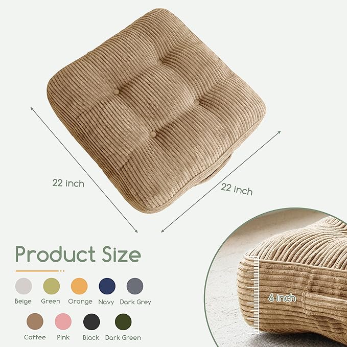 HIGOGOGO 6" Extra Thick Floor Pillow Cushion for Adults, Meditation Cushion Pillow, Large Square Floor Sitting, Tufted Corduroy Cover, for Tatami Living Room or Yoga, 22x22 Inch, 2Pack, Coffee
