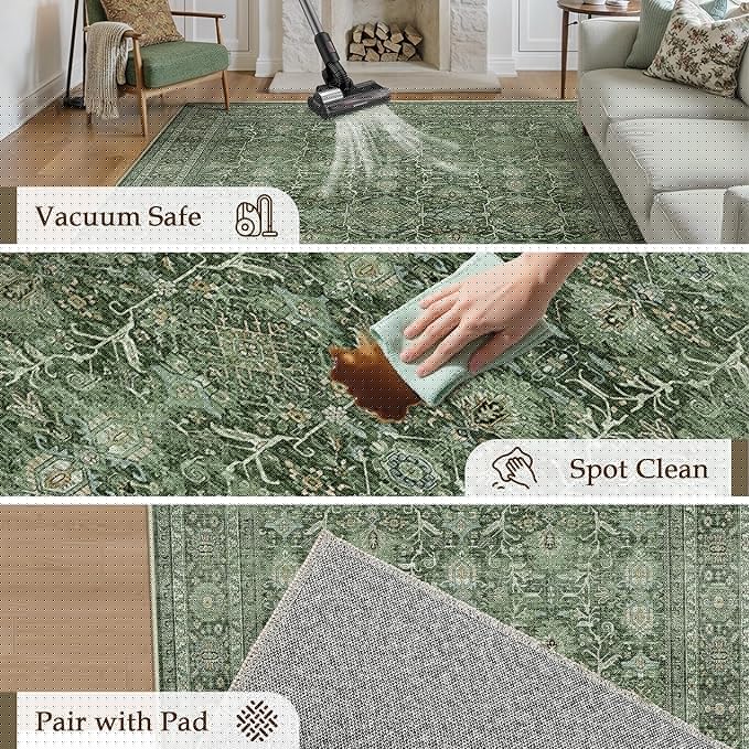 Green Area Rug 4x6 Washable Office Entryway Carpet Soft Vintage Indoor Kitchen Living Room Door Mat Traditional Retro Distressed Throw Small Rug Bedroom Dining Room Bathroom