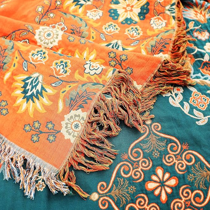 100% Cotton Throw Blanket, Muslin Breathable Soft Bed Quilt Orange Throw - Bohemian Floral Farmhouse Decor Blanket for Sofa Couch Chair and Gift. 50" x 60"