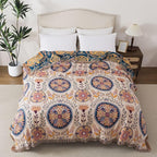 Boho Throw Blanket Full Size, Soft Cozy Cotton Muslin Quilt Blanket for Bed Decor, Floral Patterned Couch Sofa Chair Cover, Vintage Farmhouse Cottage Tapestry Woven Blanket, Beige&Blue