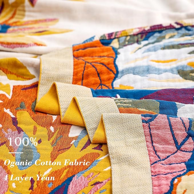Boho Throw Blanket 60" x 80", 100% Organic Cotton Skin-Friendly Lightweight Ultra Soft Bed Quilt Throw - Spring Floral Butterfly Farmhouse Decor Blanket for Sofa Couch Chair and Gift.