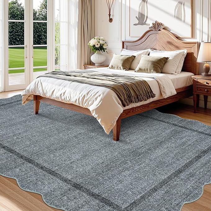 GarveeHome Scalloped Area Rug 4x6 Washable Rug Modern Floor Cover Soft Low Pile Entryway Rug Indoor Distressed Foldable Non Slip Stain Resistant Carpet for Bedroom Living Room Bathroom, 4 ft x6 ft