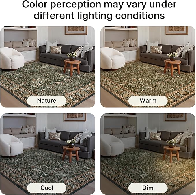 Bavni Washable Rugs 4x6-Machine Washable Rug Lightweight Low Pile, Vintage Floral Rug Non-Shedding Distressed Throw Carpet for Living Room Bedroom Office, Dark Green/Multi
