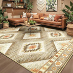 Area Rug 8x8 Rug Machine Washable Non-Slip Low Pile Print Pattern Western Rug for Living Room Bedroom Entryway Tribal Series -Cream/Camel
