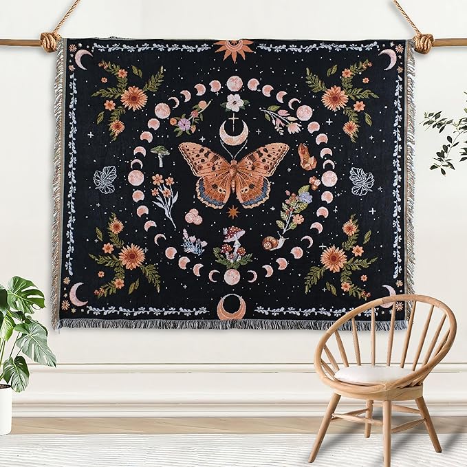 Moon Phase Butterfly Boho Woven Throw Blanket for Couch Bed Lounge Chair Hippie Room Decor Bedspread Boho Vintage Throws Blankets Outdoor Blanket Aesthetic Wall Hanging Celestial Bedroom Decor 51”x59”