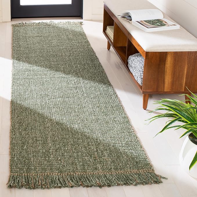 SAFAVIEH Natural Fiber Collection Runner Rug - 2'3" x 12', Green & Natural, Handmade Woven Fringe Jute, Ideal for High Traffic Areas in Living Room, Bedroom (NF826Y)