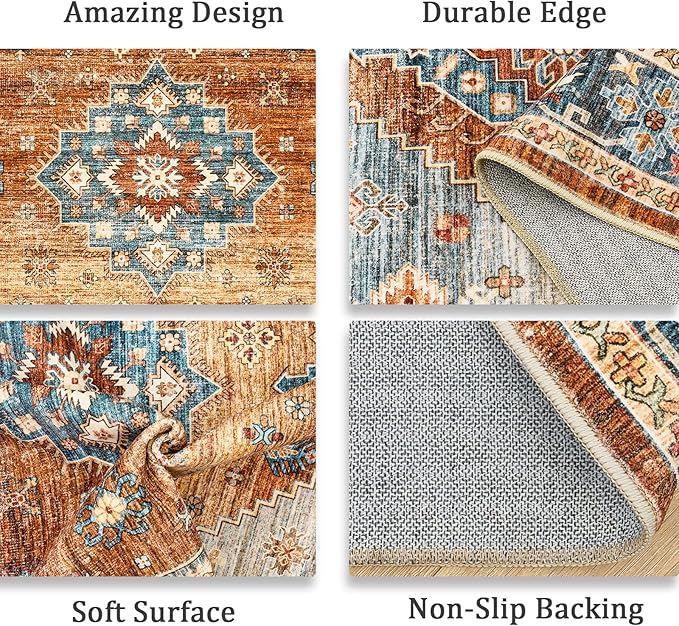 Area Rugs 5x7, Low Pile Non-Slip Backing Rugs, Super-Soft Home Decor Washable Rugs 5x7 Under Table, Foldable Floral Vintage Area Rug for Living Room (Navy/Orange, 5'x7')