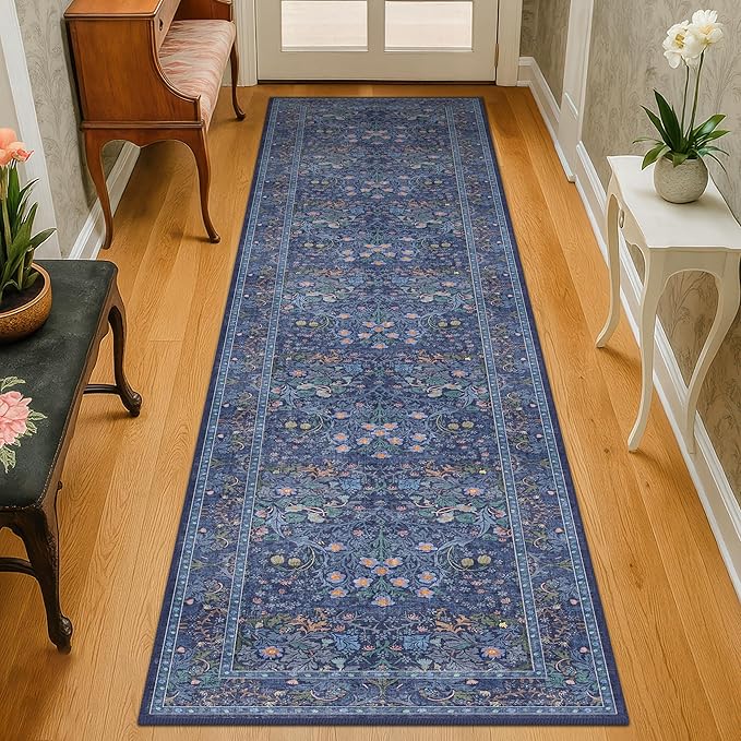 Dark Blue 2x8 Hallway Runner Rugs - Machine Washable Kitchen Runner Non Slip, Floral Pattern Indoor Floor Mats for Entryway, Oriental Design Home Décor