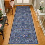 Dark Blue 2x8 Hallway Runner Rugs - Machine Washable Kitchen Runner Non Slip, Floral Pattern Indoor Floor Mats for Entryway, Oriental Design Home Décor