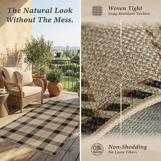 Neutral Easy Jute Rug 9x12 for Living Room, Large Indoor Outdoor Natural Color Farmhouse Area Rugs for Patio, Backyard and Dining Room, Plaid Woven Design, Non Shed, Washable Outside Carpet