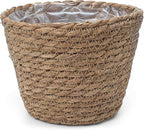 Small Basket Planter 7.1" x 5.9" Seagrass Containers, Hand Woven Wicker Cover Storage, Stylish Plastic Liners Straw Flower Jute Pots for Outdoor Indoor Use Mums Front Porch Room Decoration