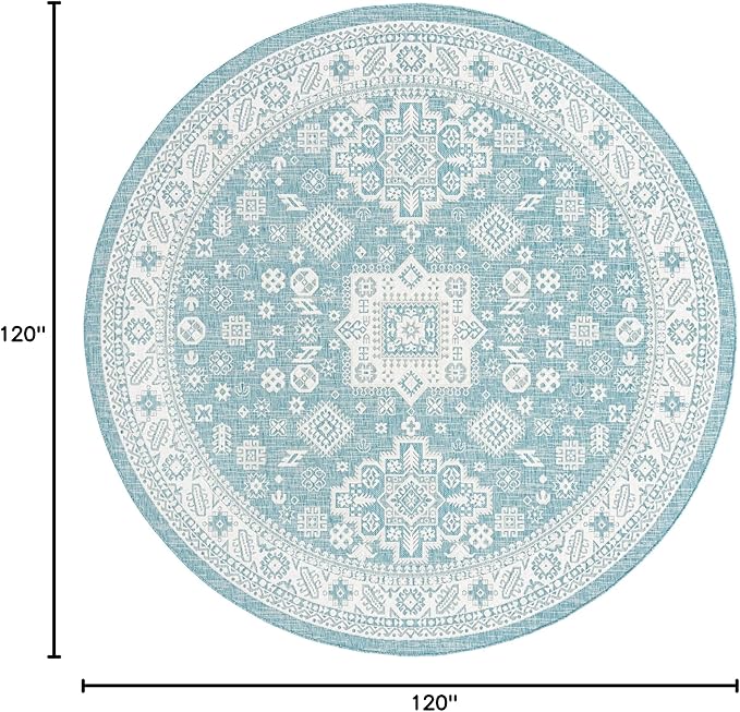 Rugs.com Outdoor Aztec Collection Rug – 10 Ft Round Aqua Flatweave Rug Perfect for Kitchens, Dining Rooms