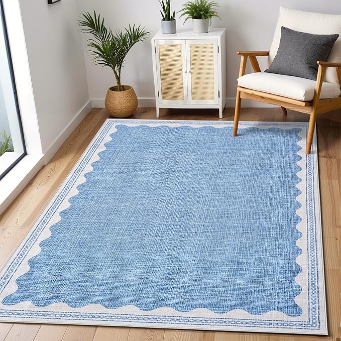 GarveeHome 5x7 Rug for Living Room, Scalloped 5 X 7 Area Rugs Washable Non-Slip Solid Blue Modern Minimalism Low-Pile Carpet for Bedroom Dining Nursery Mat with Rubber Back