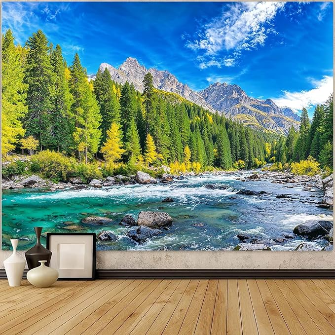 Accnicc Nature Forest Mountain Tapestry Green Pine Tree Wall Tapestry for Bedroom Aesthetic Woods Flowing River Landscape Large Tapestries Wall Hanging for Dorm Living Room Decor 80 x 60 Inch
