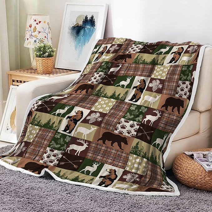 Rustic Bear Throw Blankets for Kids, Soft, Flannel, Warm, Rustic Cabin Fleece Blankets Decor, Farmhouse Country Bear Moose Forest Plush Throw Blanket for Couch Sofa 60X90 Inch