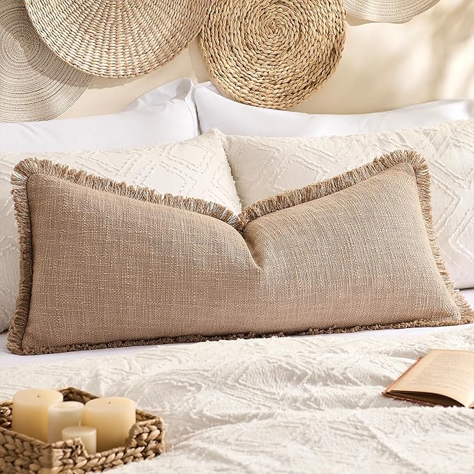 Kevin Textile 14x36 Inch Long Lumbar Pillow Cover 1 Pack Boho Fringe Decorative Rectangle Cushion Case with Tassels Neutral Cotton Woven Textured Farmhouse for Living Room Couch Sofa Bed, Khaki Brown