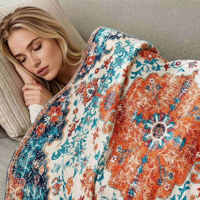 Lahome Rerto Fleece Blanket for Women Boho Bedroom Decor, Small Throw Blanket for Couch Bed Chair Cover, Decorative Fleece Blanket Throws Mom Gift Vintage Home Decor, Bohemian Orange Mutli 50x60