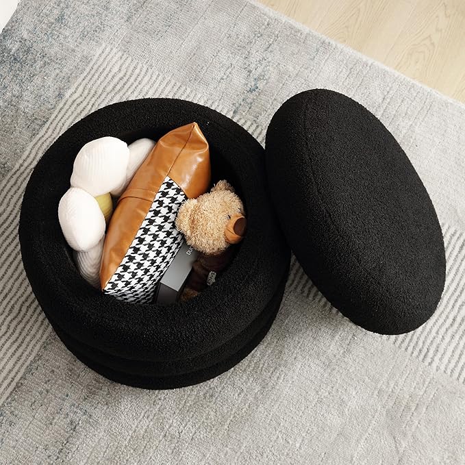 Boucle Ottoman with Storage Black, Small Round Footrest Stool with Removable Lid, Upholstered Sherpa Vanity Chair for Bedroom Entryway