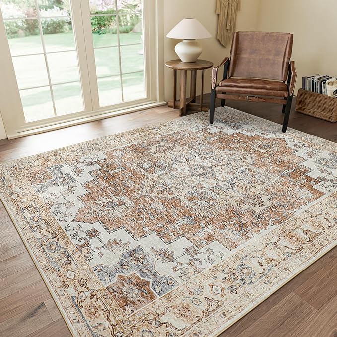GENIMO 6x9 Area Rugs for Living Room, Machine Washable Non Slip Rugs, Low Pile Lightweight Vintage Print Rug for Bedroom, Dining Room, Home Office, Warm Orange