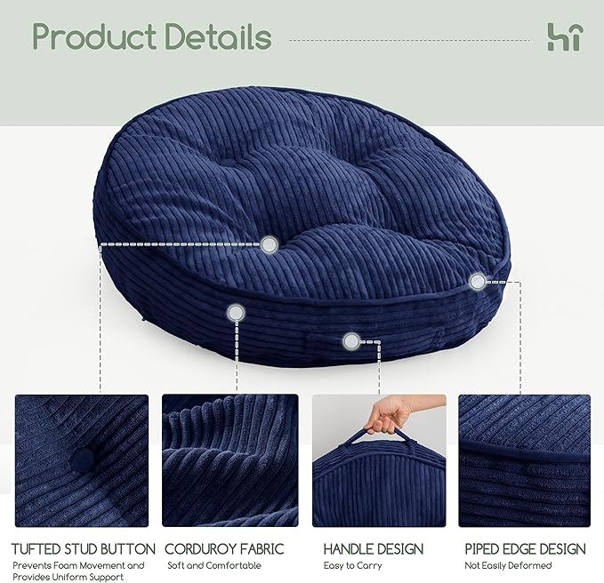 HIGOGOGO Floor Pillow Cushion for Adults, Meditation Cushion Pillow, Large Round Floor Sitting, Tufted Corduroy Cover, for Tatami Living Room or Yoga, 22x22 Inch, 2Pack, Navy