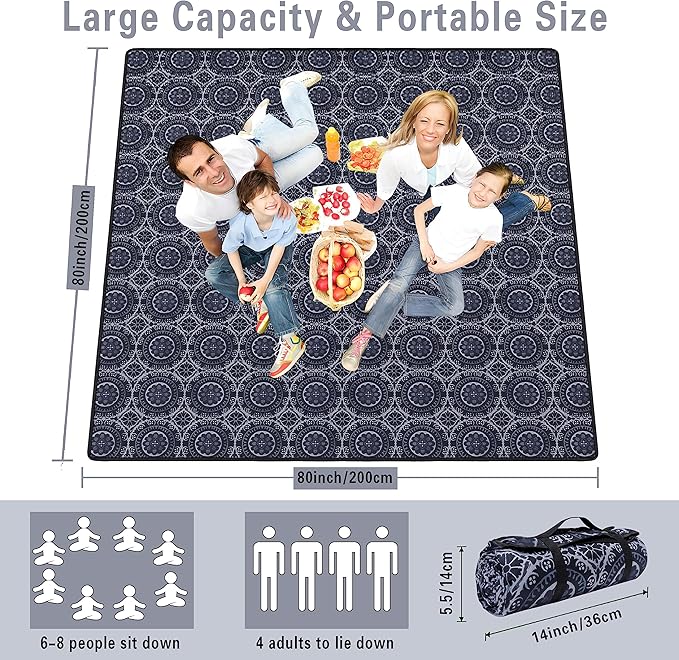 Extra Large Picnic Blankets Waterproof Foldable (80 "x 80") Beach Blanket Waterproof Sandproof,3-Layer Thicking Mat Outdoor Packable Camping Blanket