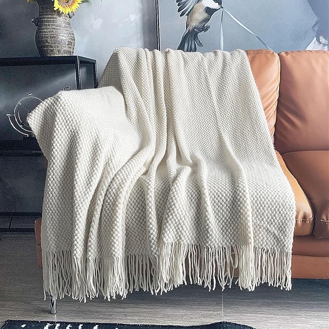 LOMAO Knitted Throw Blanket with Tassels Bubble Textured Lightweight Throws for Couch Cover Home Decor (Cream, 60x90)