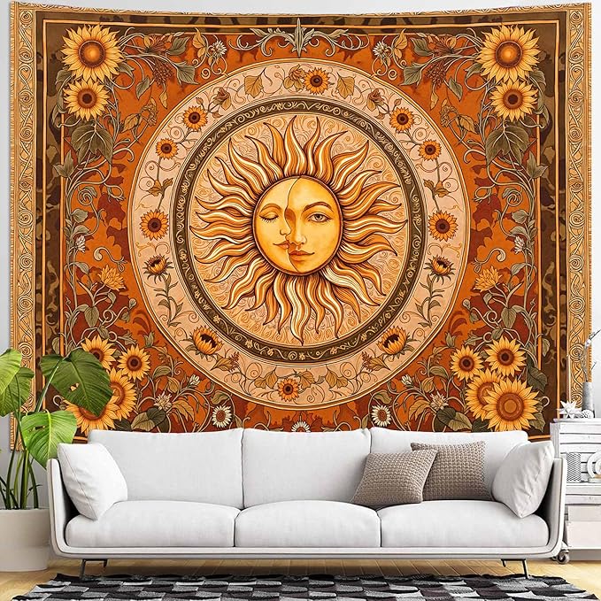 Accnicc Vintage Sun and Moon Tapestry Boho Yellow Orange Indie Wall Tapestry for Bedroom Aesthetic Sunflower Small Hippie Fall Tapestries Wall Hanging for Living Room Dorm 60 x 44 Inch