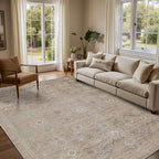 Beige Rug 5x7 Neutral Area Rugs for Living Room Bedroom, Washable Vintage Floral Retro Boho Non Slip & Low Pile Carpet for Indoor Dining Room and Kids Room(Beige 5x7ft)