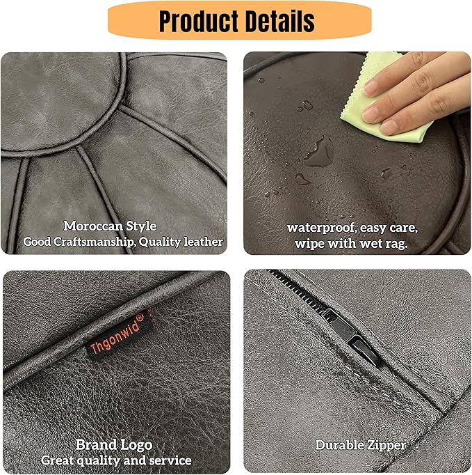 Thgonwid Round Unstuffed Pouf Cover, Leather Foot Stool Ottoman with Storage, Bean Bag Floor Chair, Multi Functional Footrest for Living Room, Bedroom or Balcony (Deep Gray)