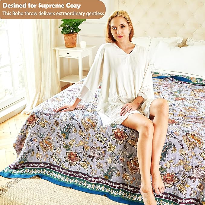 Boho Throw Blanket 60" x 80", 100% Organic Cotton Breathable Ultra Soft Bed Purple Quilt Throw - All Season Luxury Floral Farmhouse Decor Blanket for Sofa Couch Chair and Gift.