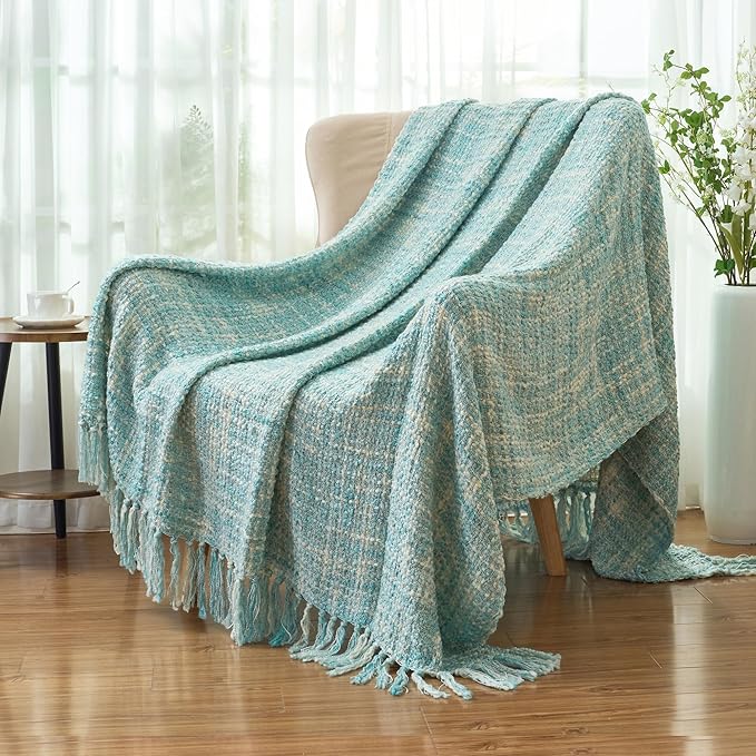 Multi-Color Turquoise Cable Woven Throw Blanket for Couch,50"X60" Boho Style Textured Blankets for Home Decor,Super Soft Warm Cozy Chunky Blanket with Decorative Tassels for Bed