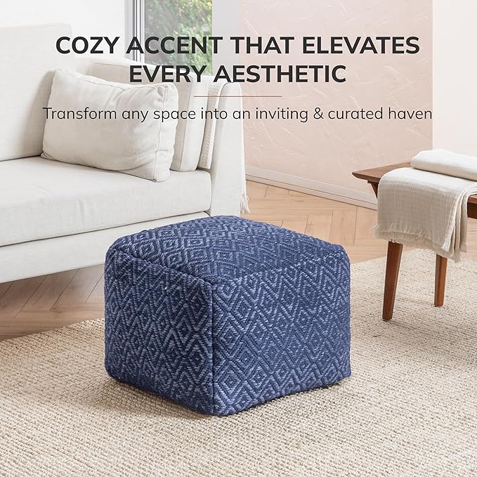 Anji Mountain Pouf Ottoman Foot Rest, Handmade Ottoman Pouf, Comfortable Foot Stool, Decorative Floor Seating for Living Room Decor, Bedroom & Home Décor Accent - Blue