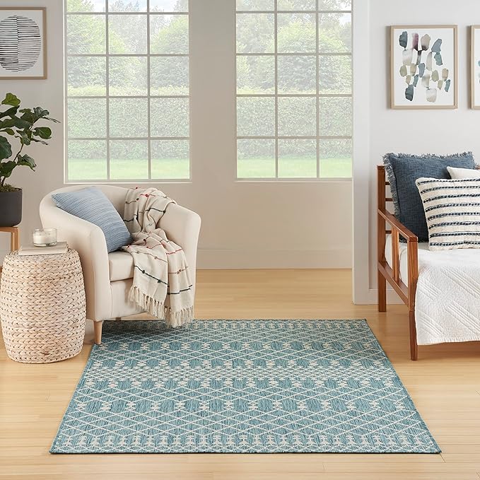 Nourison Home Positano Aqua 5' x 7' Area Rug - Easy Clean, Non Shedding, Bed Room, Living Room, Dining Room, Kitchen (5' x 7')