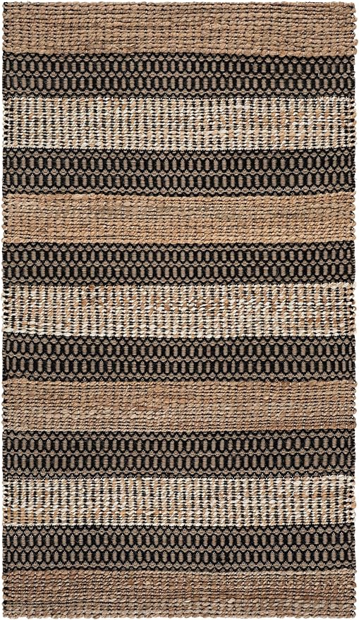 SAFAVIEH Natural Fiber Collection Accent Rug - 3' x 5', Black & Natural, Handmade Flat Weave Stripe Jute & Cotton, Ideal for High Traffic Areas in Entryway, Living Room, Bedroom (NFB652Z)