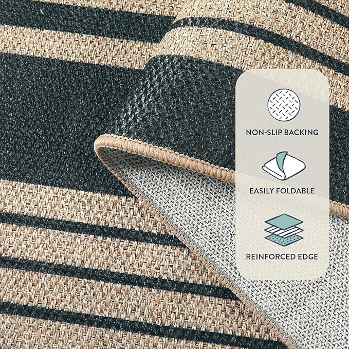 Lahome Elance Striped Easy Jute Rugs for Living Room, 6x9 Washable Indoor Outdoor Patio Rug, Neutral Thin Non Slip Non Shedding Black Dining Room Carpet for Under Table Mudroom Classroom