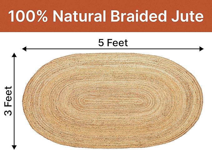 MDS Pack of 1 Handwoven Braided Jute Area Rug 3x5 feet Oval - 100% Natural Burlap Reversible Accent Rugs for Home Decor, Living Room, Doormat, Kitchen, Entryway Rug, Rustic, Farmhouse (3'x5')