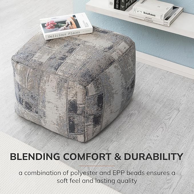 Anji Mountain Pouf Ottoman Foot Rest, Handmade Ottoman Pouf, Comfortable Foot Stool, Decorative Floor Seating for Living Room Decor, Bedroom & Home Décor Accent - Slate Filigree