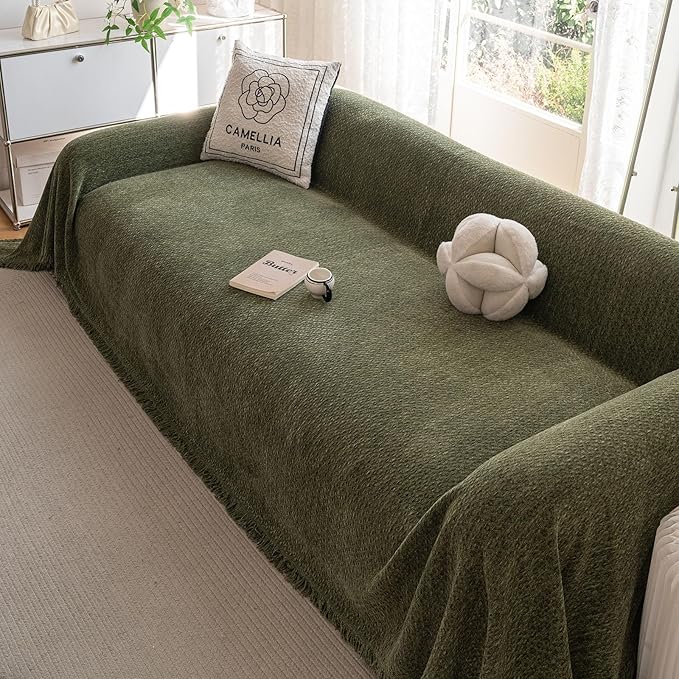 ROOMLIFE Green Couch Cover Sofa Covers, Chenille Couches Covers for 3 Cushion Sofas, Non Slip Soft Breathable Sofa Slipcovers for Pet, Washable Furniture Protector with Tassel,71''X134”