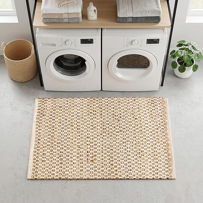 Jute Cotton Hand Woen Rug 2x3 Feet - Natural, Farmhouse Boho Neutral Fiber Floor Rugs Ideal for Entryway, Kitchen, Bedroom, Nursary Room | Beige Reversible Small Area Door Mat for Indoor Outdoor Use