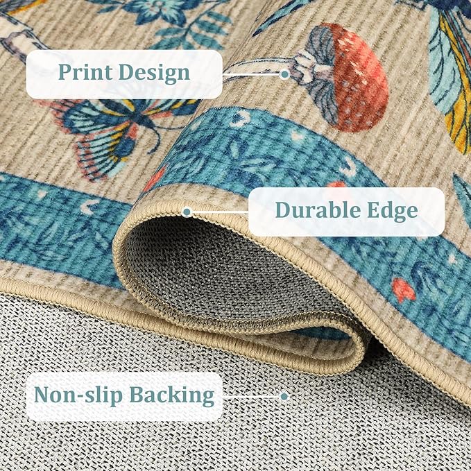 Mushroom Insect 8x10 Area Rugs, Washable Rugs for Living Room Non Slip Stain Resistant Low Pile Modern Butterfly Carpet for Bedroom Dining Room Nursery Playroom Office, Khaki Blue