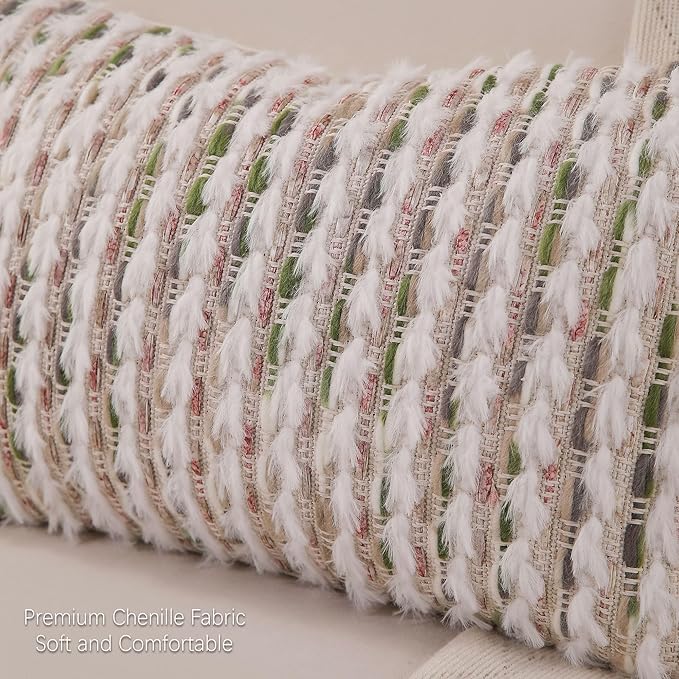 Boho Lumbar Pillow Cover 12x20 Inch Pack of 1 Farmhouse Rectangle Decorative Couch Throw Pillow Cover Forest Green Chenille Tufted Striped Pillowcase for Living Room Sofa Bed