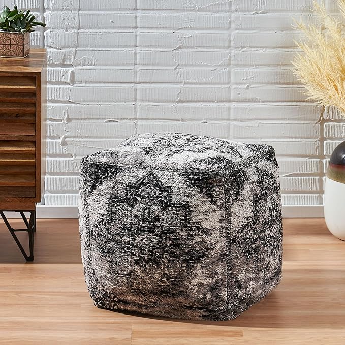 GDFStudio Boho Handmade Fabric Cube Pouf Ottoman Foot Stool - Bean Bag Floor Chair - Foot Rest Couch for Living Room Bedroom,Black and Beige,16"" x 16"" x 16"", 312604N
