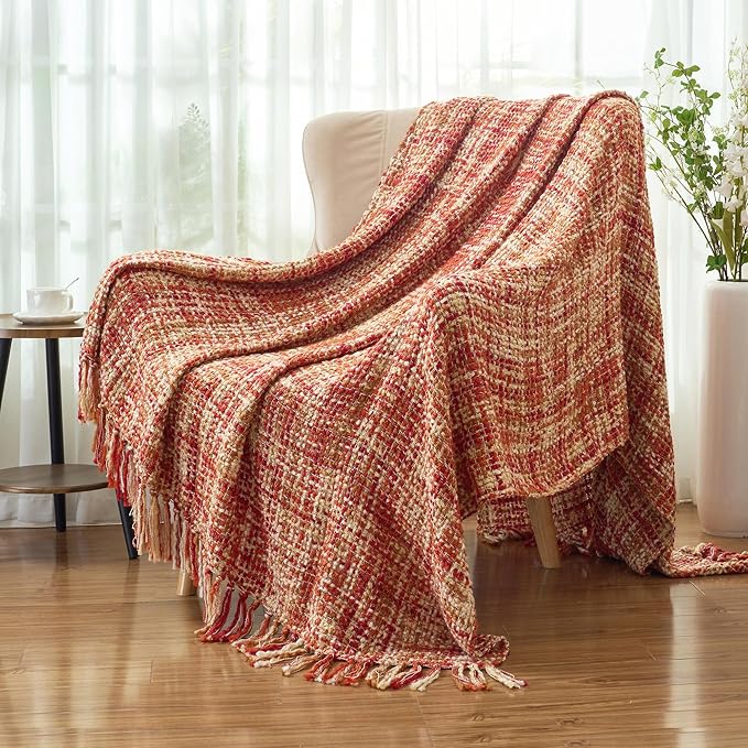 Multi-Color Dark Red Cable Woven Throw Blanket for Couch,50"X60" Boho Style Textured Blankets for Home Decor,Super Soft Warm Cozy Chunky Blanket with Decorative Tassels for Bed