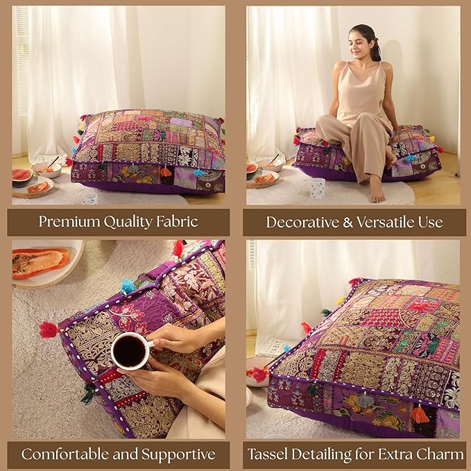 THE ART BOX Cotton Patchwork Vintage Boho Embroidered Floor Pillows & Cushion Cover Dog Pouf Seating Pouf Meditation Pillow Pet Bedding Cat Bed Boho Home Décor (35x35 Inches, Cover Only)